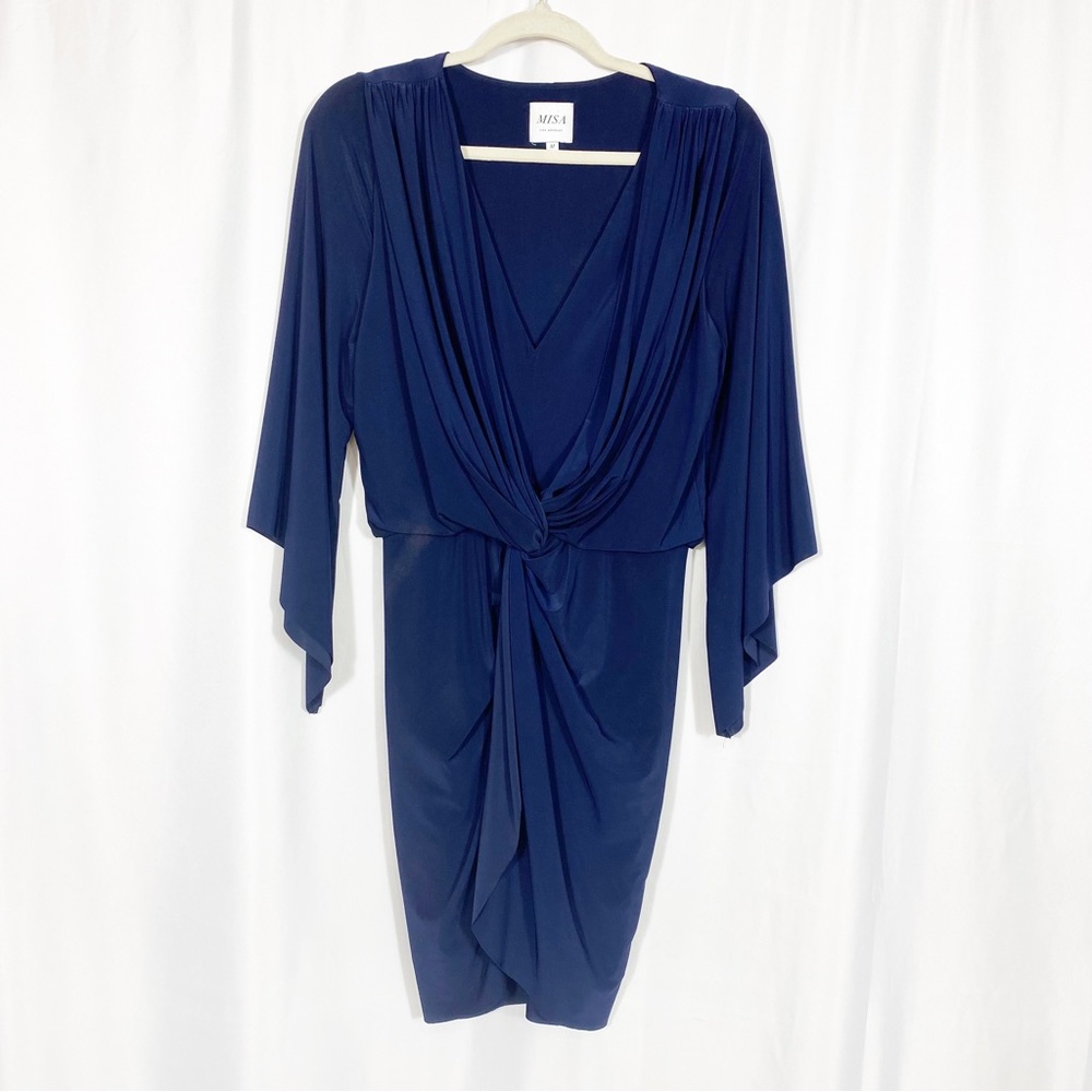 Misa Los Angeles Teget Draped Twist Front Bell
Sleeve Mini Dress: Navy Blue - Picture 2 of 12